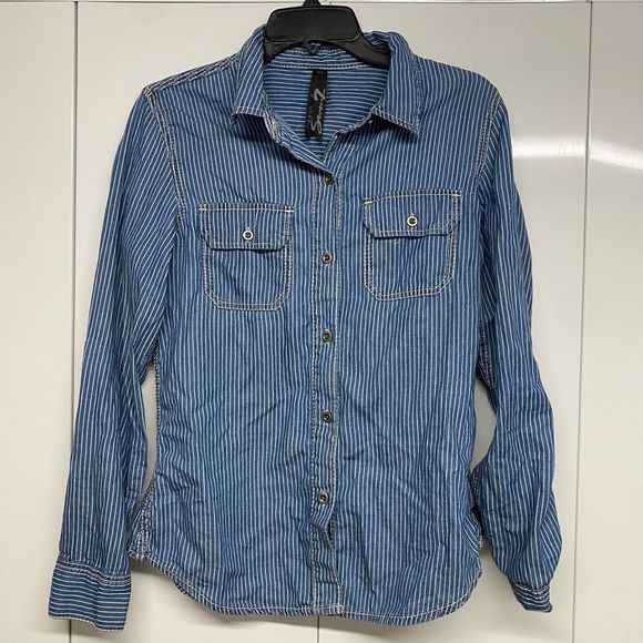 SEVEN 7 for All Mankind BUTTON FRONT DENIM SHIRT STRIPED BLUE, Sz Medium, MP $69 - Picture 4 of 8